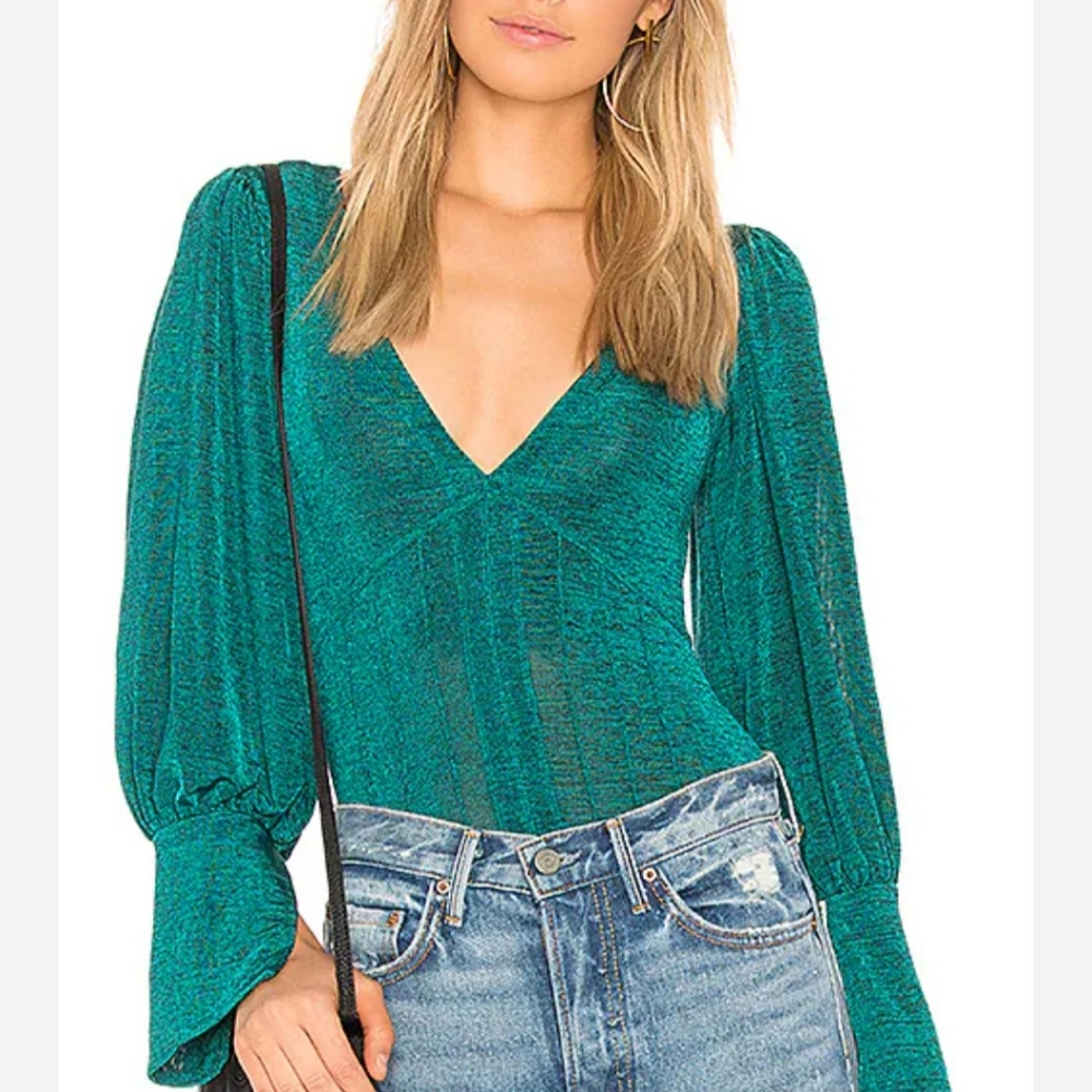 Women's Free People Killer Queen Green V-Neck Blouse Tee Baloon Sleeves Size S